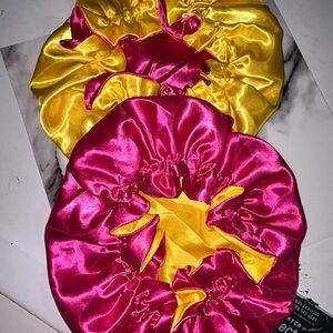Pink and Yellow kid Satin Hair Bonnets. 21 inch circumference